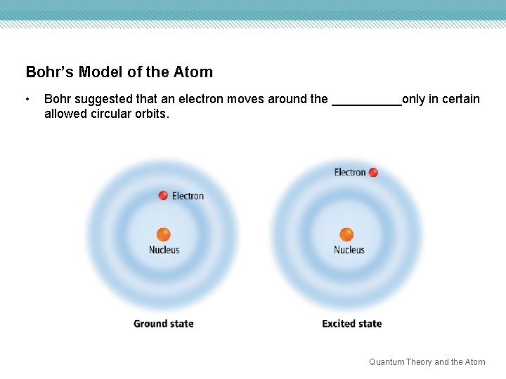 Bohr’s Model of the Atom • Bohr suggested that an electron moves around the