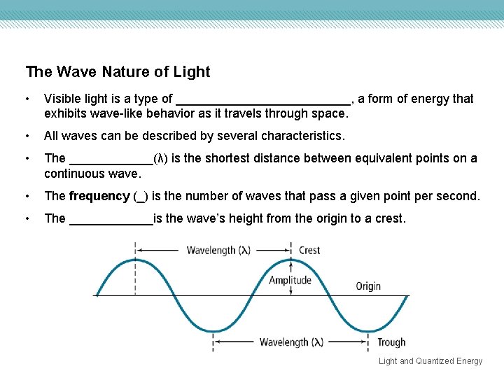 The Wave Nature of Light • Visible light is a type of _____________, a
