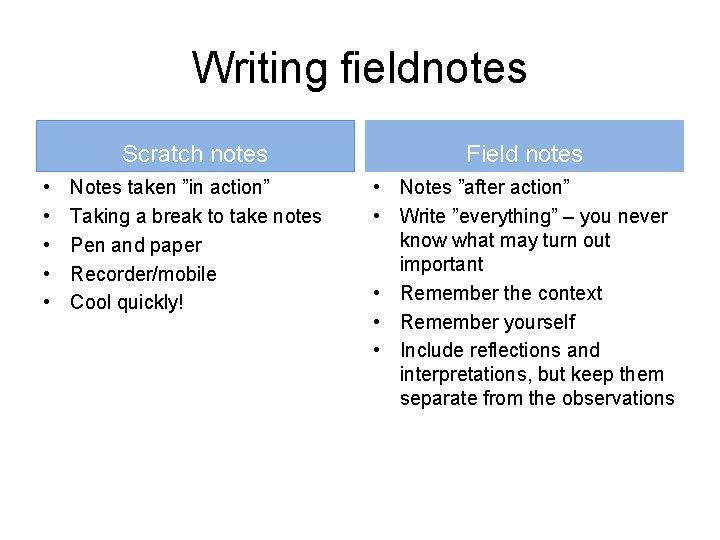 Writing fieldnotes • • • Scratch notes Field notes Notes taken ”in action” Taking