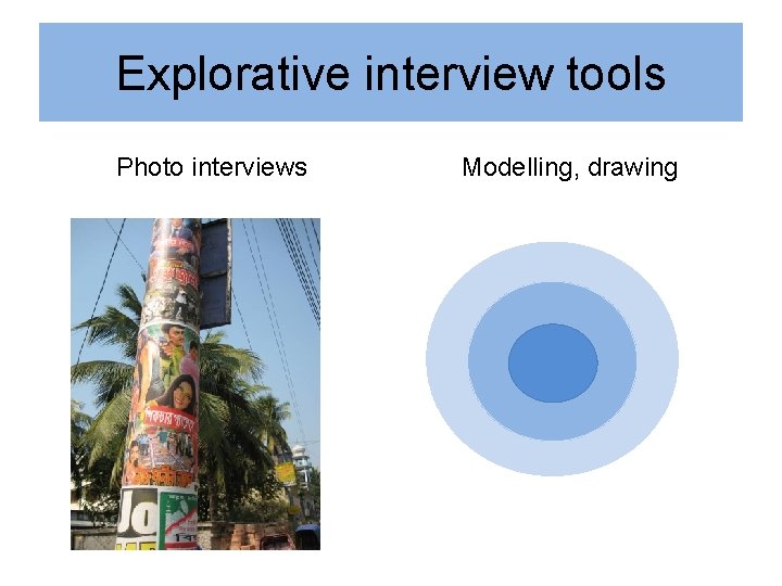 Explorative interview tools Photo interviews Modelling, drawing 