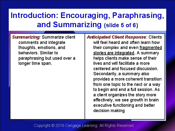 Introduction: Encouraging, Paraphrasing, and Summarizing (slide 5 of 6) Summarizing: Summarize client comments and