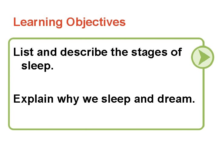 Learning Objectives List and describe the stages of sleep. Explain why we sleep and