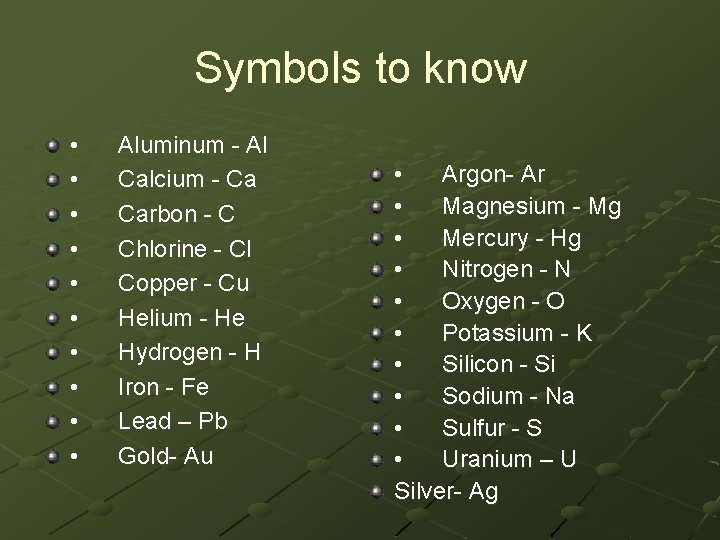 Symbols to know • Aluminum - Al • Calcium - Ca • Carbon -