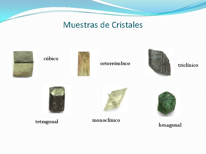 Muestras de Cristales cúbico tetragonal ortorrómbico monoclínico triclínico hexagonal Muestras de Cristales cúbico tetragonal ortorrómbico monoclínico triclínico hexagonal