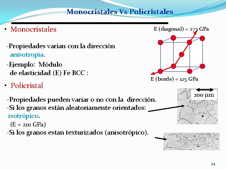 Monocristales Vs Policristales • Monocristales -Propiedades varían con la dirección anisotropia. -Ejemplo: Módulo de Monocristales Vs Policristales • Monocristales -Propiedades varían con la dirección anisotropia. -Ejemplo: Módulo de