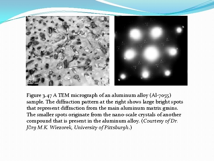Figure 3. 47 A TEM micrograph of an aluminum alloy (Al-7055) sample. The diffraction Figure 3. 47 A TEM micrograph of an aluminum alloy (Al-7055) sample. The diffraction