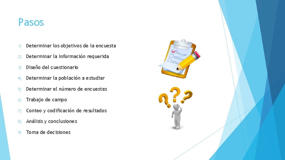 Pasos 1) Determinar los objetivos de la encuesta 2) Determinar la información requerida 3)