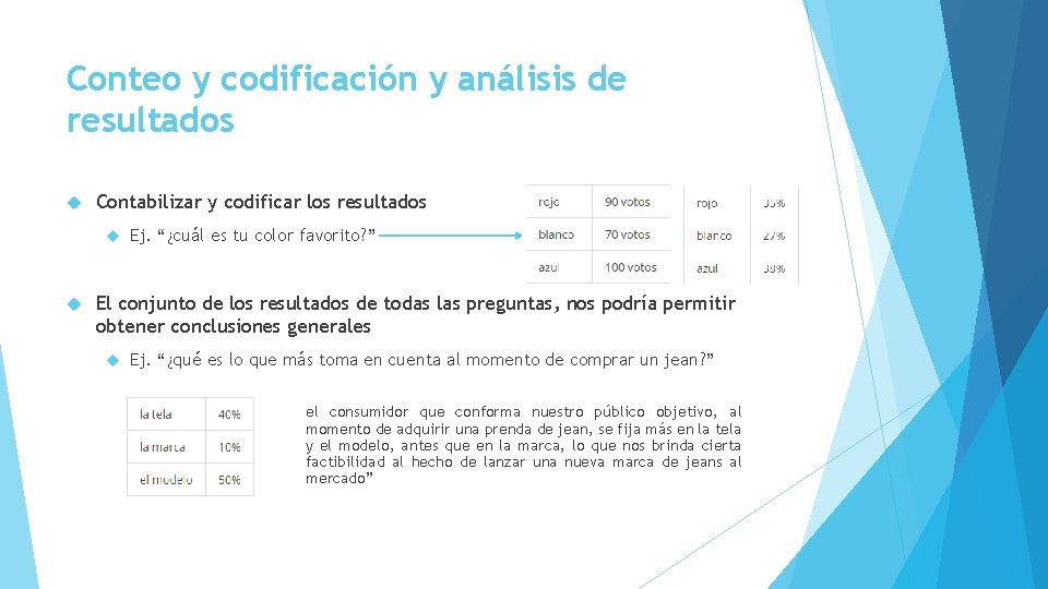 Conteo y codificación y análisis de resultados Contabilizar y codificar los resultados Ej. “¿cuál