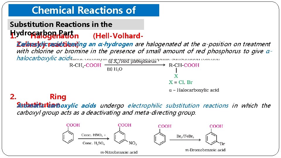 Chemical Reactions of Carboxylic Substitution Reactions in. Acids the Hydrocarbon Part 1. Halogenation (Hell-Volhard.