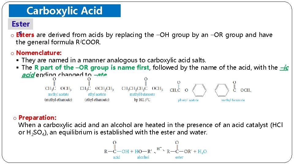 Carboxylic Acid Ester Derivatives s o Esters are derived from acids by replacing the
