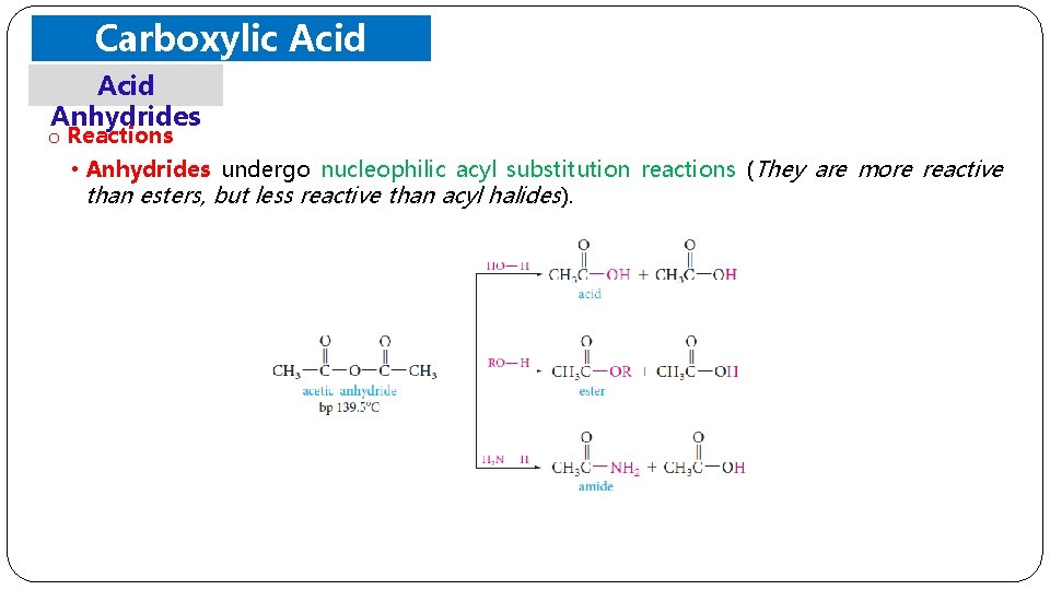 Carboxylic Acid Derivatives Acid Anhydrides o Reactions • Anhydrides undergo nucleophilic acyl substitution reactions