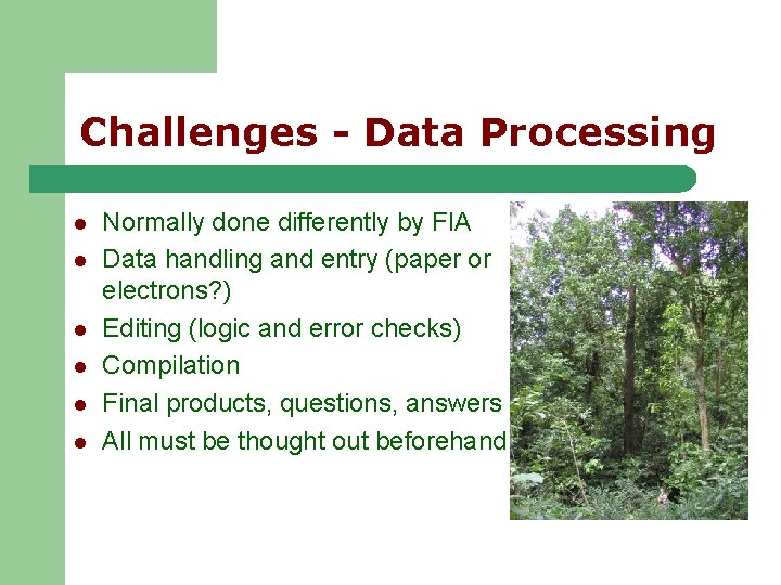 Challenges - Data Processing l l l Normally done differently by FIA Data handling Challenges - Data Processing l l l Normally done differently by FIA Data handling