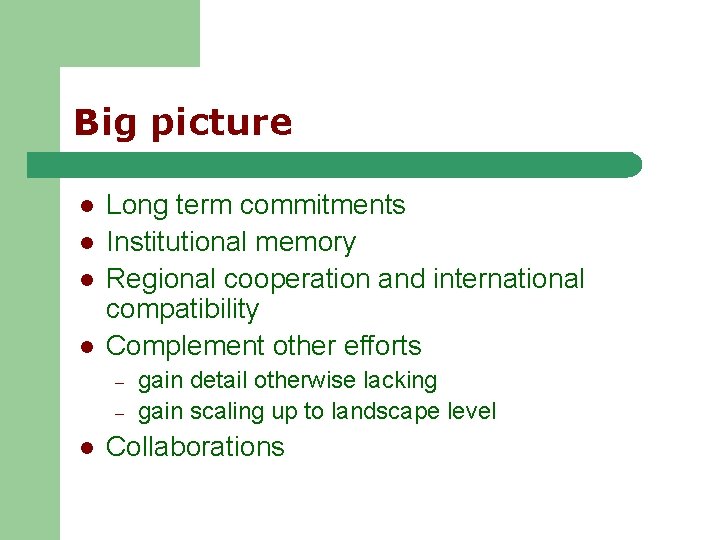 Big picture l l Long term commitments Institutional memory Regional cooperation and international compatibility Big picture l l Long term commitments Institutional memory Regional cooperation and international compatibility
