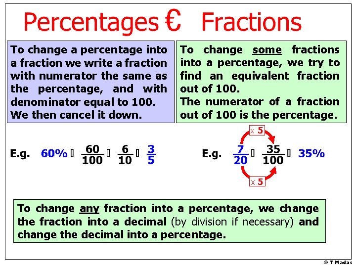 To change a percentage into a fraction we write a fraction with numerator the To change a percentage into a fraction we write a fraction with numerator the