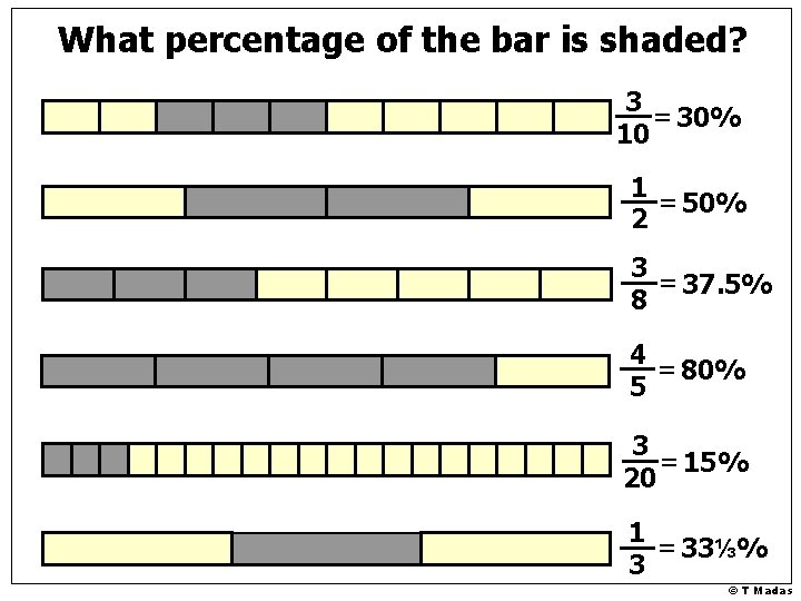 What percentage of the bar is shaded? 3 = 30% 10 1 = 50% What percentage of the bar is shaded? 3 = 30% 10 1 = 50%