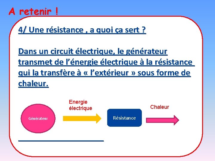 A retenir ! 4/ Une résistance , a quoi ça sert ? Dans un