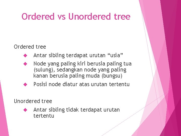 Ordered vs Unordered tree Ordered tree Antar sibling terdapat urutan “usia” Node yang paling