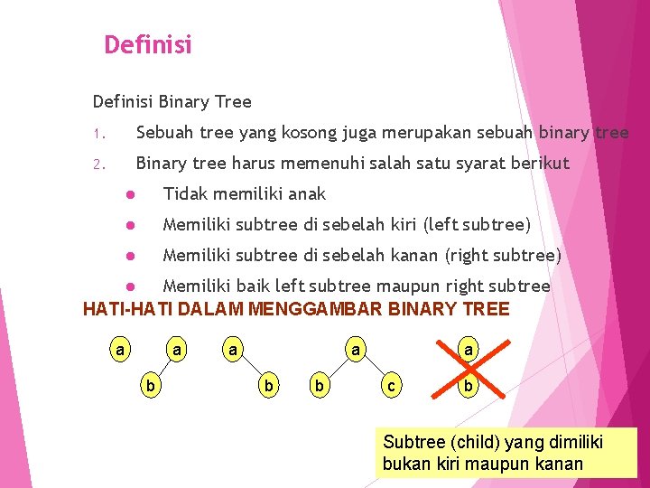 Definisi Binary Tree 1. Sebuah tree yang kosong juga merupakan sebuah binary tree 2.