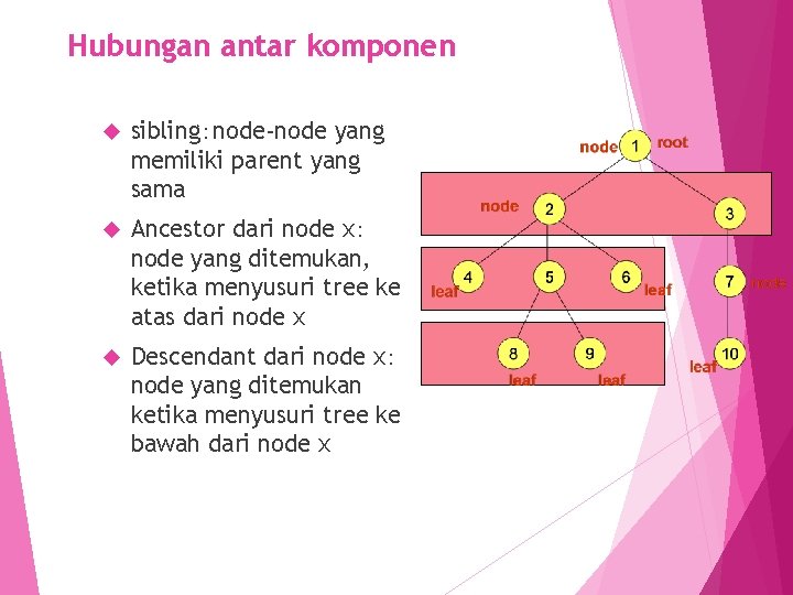 Hubungan antar komponen sibling：node-node yang memiliki parent yang sama Ancestor dari node x： node