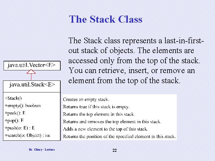 The Stack Class The Stack class represents a last-in-firstout stack of objects. The elements