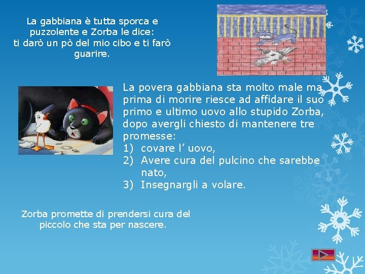 La gabbiana è tutta sporca e puzzolente e Zorba le dice: ti darò un