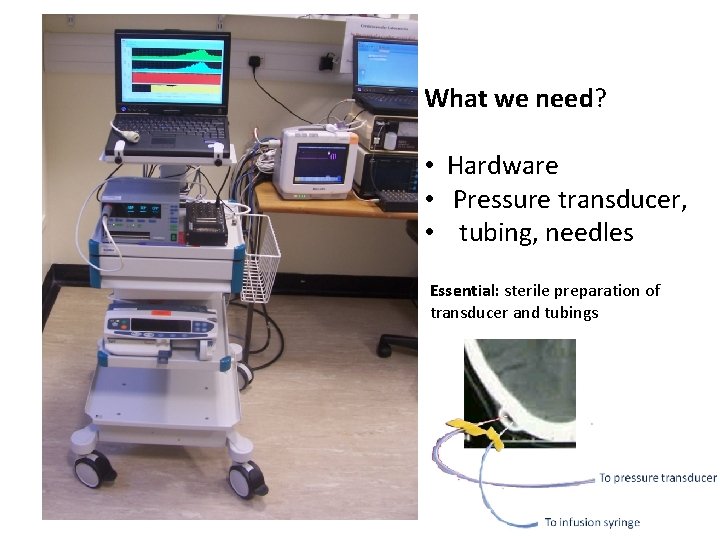 What we need? • Hardware • Pressure transducer, • tubing, needles Essential: sterile preparation