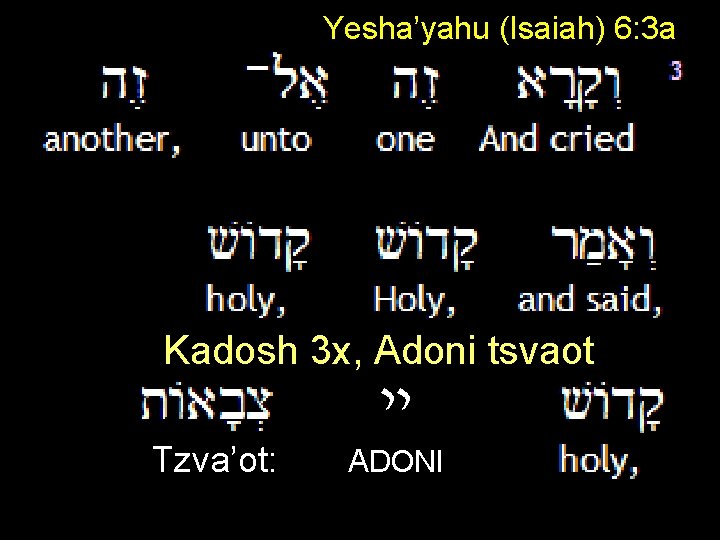 Yesha’yahu (Isaiah) 6: 3 a Kadosh 3 x, Adoni tsvaot יי Tzva’ot: ADONI 