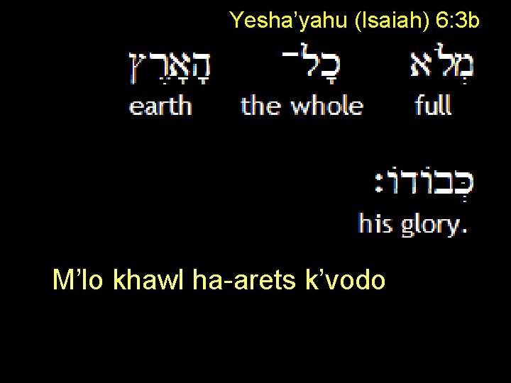 Yesha’yahu (Isaiah) 6: 3 b ADONI M’lo khawl ha arets k’vodo 