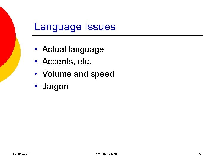 Language Issues • • Spring 2007 Actual language Accents, etc. Volume and speed Jargon