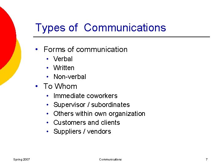 Types of Communications • Forms of communication • Verbal • Written • Non-verbal •