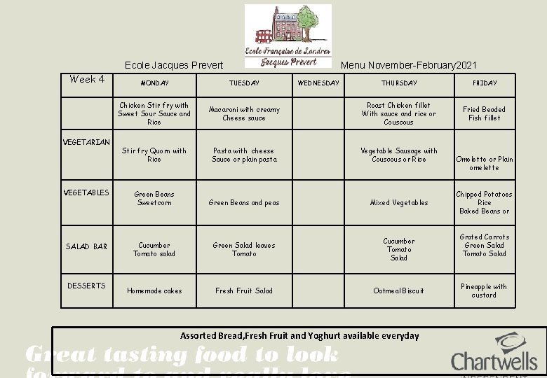 Ecole Jacques Prevert Week 4 VEGETARIAN VEGETABLES SALAD BAR DESSERTS Menu November-February 2021 MONDAY