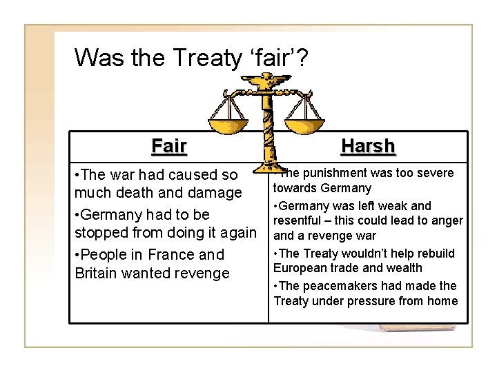 Was the Treaty ‘fair’? Fair Harsh • The war had caused so much death