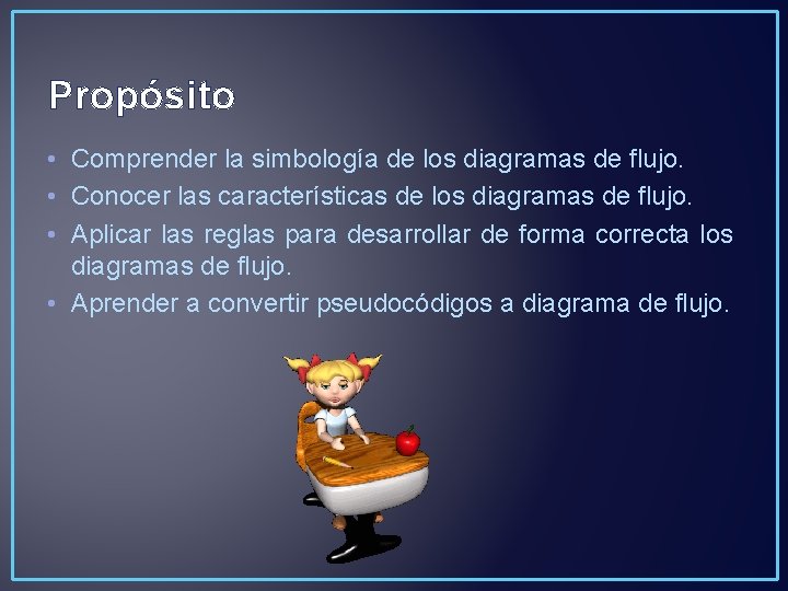 Propósito • Comprender la simbología de los diagramas de flujo. • Conocer las características