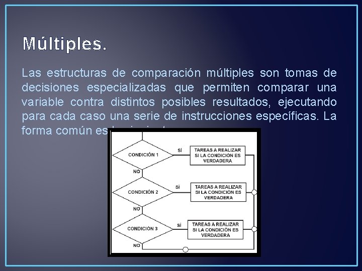 Múltiples. Las estructuras de comparación múltiples son tomas de decisiones especializadas que permiten comparar