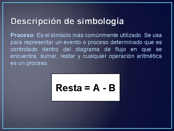 Descripción de simbología Proceso: Es el símbolo más comúnmente utilizado. Se usa para representar