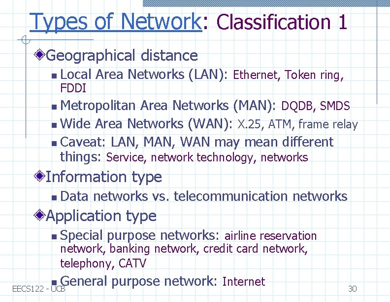 Types of Network: Classification 1 Geographical distance n Local Area Networks (LAN): Ethernet, Token