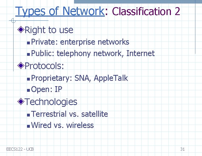 Types of Network: Classification 2 Right to use Private: enterprise networks n Public: telephony