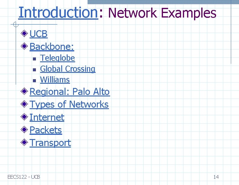 Introduction: Network Examples UCB Backbone: n n n Teleglobe Global Crossing Williams Regional: Palo