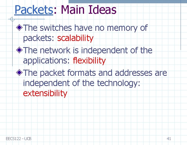 Packets: Main Ideas The switches have no memory of packets: scalability The network is