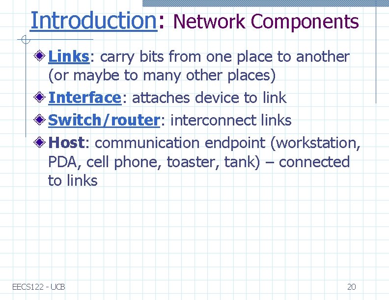 Introduction: Network Components Links: carry bits from one place to another (or maybe to