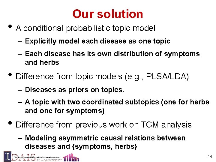 Our solution • A conditional probabilistic topic model – Explicitly model each disease as