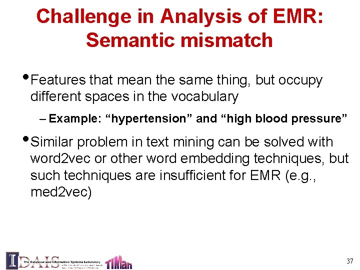 Challenge in Analysis of EMR: Semantic mismatch • Features that mean the same thing,