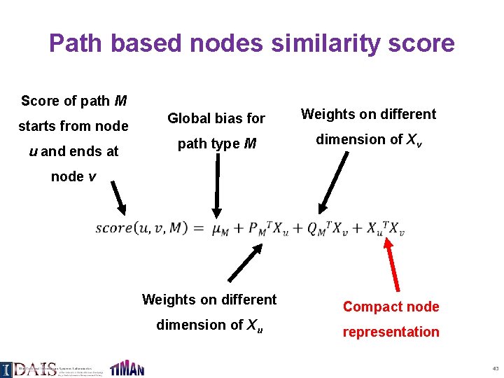 Path based nodes similarity score Score of path M starts from node u and