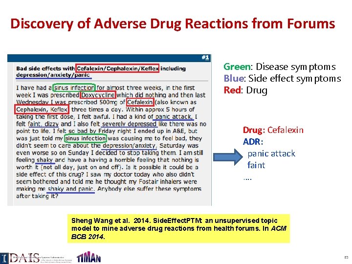 Discovery of Adverse Drug Reactions from Forums Green: Disease symptoms Blue: Side effect symptoms