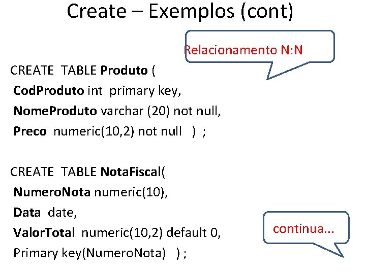 Create – Exemplos (cont) Relacionamento N: N CREATE TABLE Produto ( Cod. Produto int