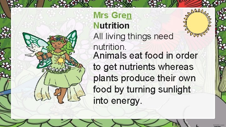 Mrs Gren Nutrition All living things need nutrition. Animals eat food in order to