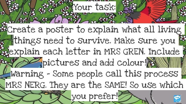 Your task: Create a poster to explain what all living things need to survive.