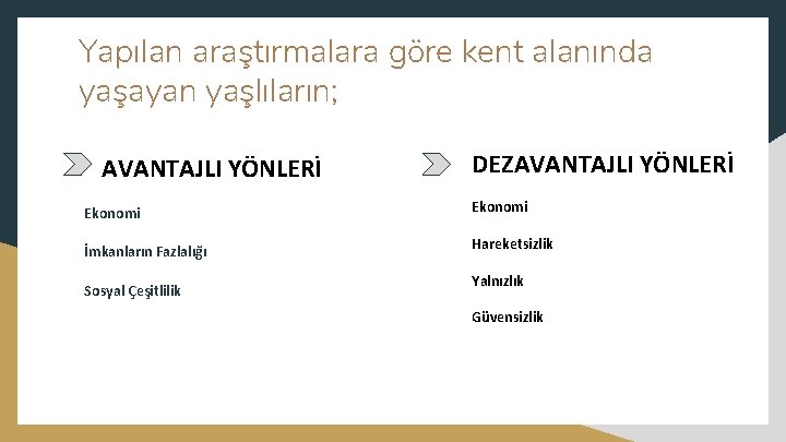 Yapılan araştırmalara göre kent alanında yaşayan yaşlıların; AVANTAJLI YÖNLERİ Ekonomi İmkanların Fazlalığı Sosyal Çeşitlilik