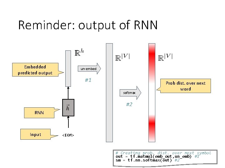 Reminder: output of RNN Embedded predicted output un-embed #1 softmax Prob dist. over next