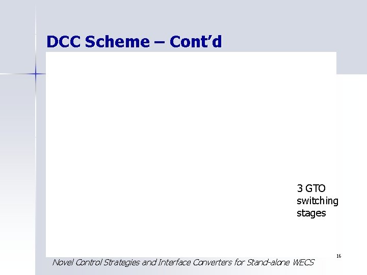 DCC Scheme – Cont’d DCC 3 GTO switching stages Novel Control Strategies and Interface